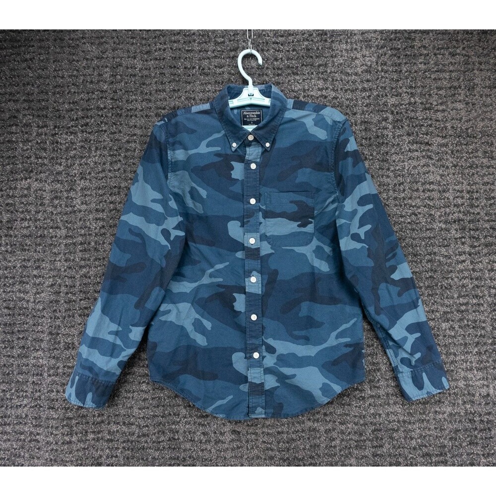 Abercrombie & Fitch Shirt Mens Small Blue Camo Long Sleeve Cotton Oxford Casual